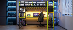 English Elm Full Size Gaming Loft Bed with Rgb Lights Wraparound Shelves and Built-in Usb Ports Green LT000299AAF