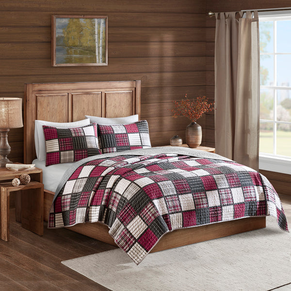 JLA Home Woolrich - Oversized Cotton Plaid Quilt Set — Red & Gray Tartan Cabin Style, Lightweight Breathable Fill, Machine Washable 94 L x 106 W x 0.25H WR13-2524