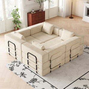 English Elm 4 Seater Corduroy Floor Sofa Bed with Storage Pockets Convertible Lounger for Any Room W3505S00017