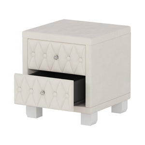 English Elm Elegant Velvet Upholstered Nightstand with Crystal Knobs Tufted Glam Bedside Storage Beige N733P210398A