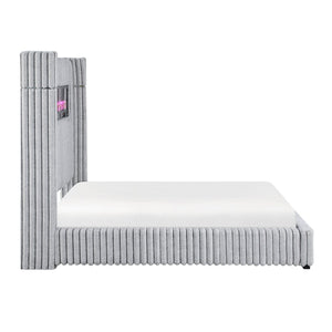 English Elm Luxury Queen Wingback Bed Gray Corduroy Upholstered with Fireplace and Speaker B011P484441