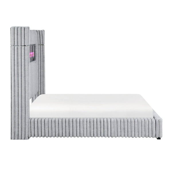 English Elm Luxury Queen Wingback Bed Gray Corduroy Upholstered with Fireplace and Speaker B011P484441