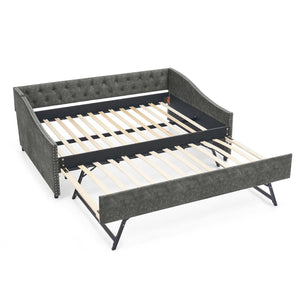 English Elm Full Size Upholstered Daybed with Trundle Usb Ports Tufted Back Wave Arms W1413S00159