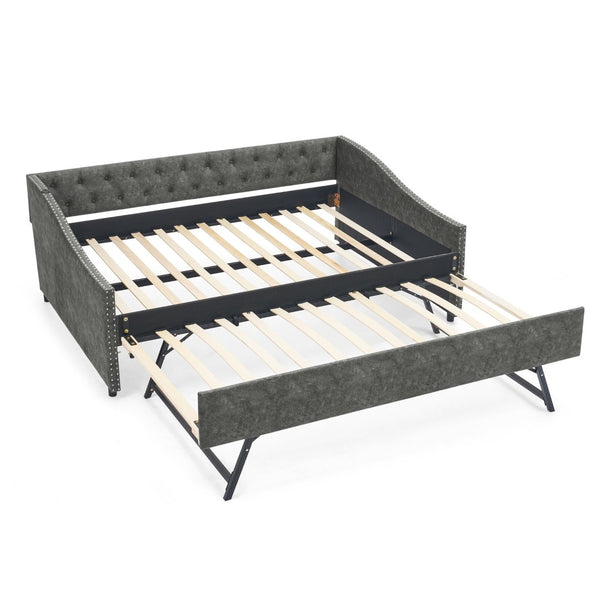 English Elm Full Size Upholstered Daybed with Trundle Usb Ports Tufted Back Wave Arms W1413S00159