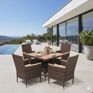 English Elm 5-piece Outdoor Dining Set Pe Rattan Armchairs with Acacia Wood Square Table Brown B082S00066