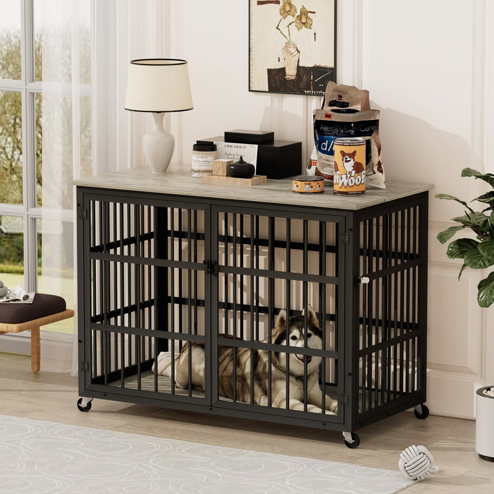 English Elm Furniture style dog crate with sturdy steel frame, particle board top for 150lb storage, fits dogs up to 70lb Grey W1162119832