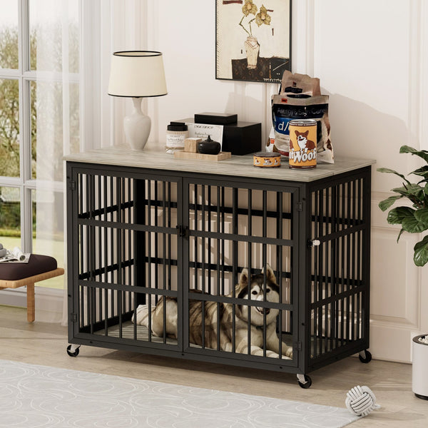 English Elm Furniture style dog crate with sturdy steel frame, particle board top for 150lb storage, fits dogs up to 70lb Grey W1162119832