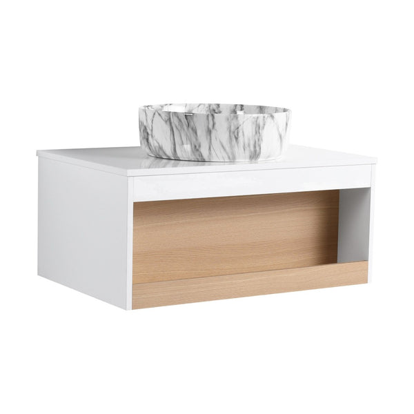 English Elm 30" Floating Wall Mount Bathroom Vanity Open Shelf Ceramic Vessel Sink Modern White Grey+White,White + Light Oak W3450S00059