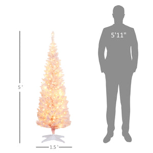 English Elm Homcom 5' Slim Snow-Flocked Pink Christmas Tree - Pre-Lit With 160 Warm White Leds, Perfect For Small Spaces W2225P249637