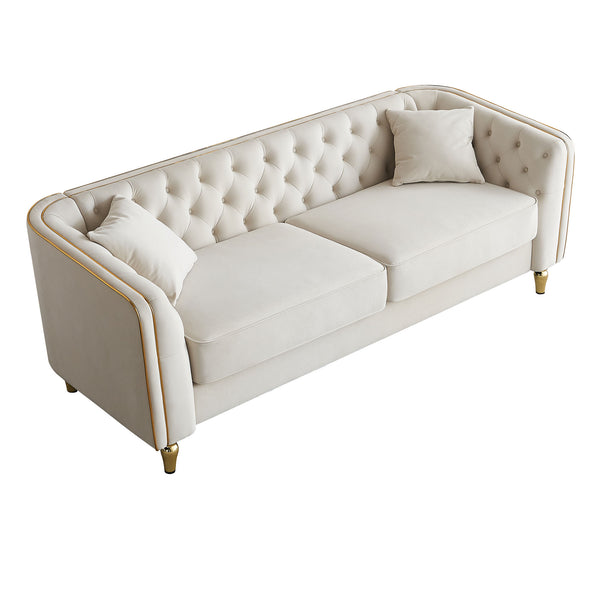 English Elm 87.01"W Modern Tufted Velvet Sofa with Gold Metal Legs, Stylish Accent Seating for Living Room Beige W579S00039
