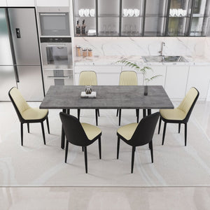 English Elm 55.12-70.87" Expandable Dining Set 7 Piece Industrial Mdf Table with Pu Upholstered Chairs Beige+Grey,Black W2189S00911