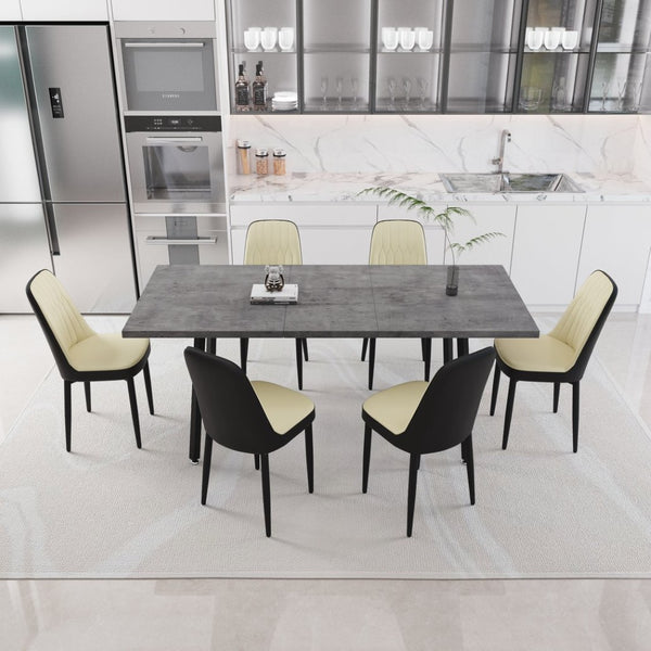 English Elm 55.12-70.87" Expandable Dining Set 7 Piece Industrial Mdf Table with Pu Upholstered Chairs Beige+Grey,Black W2189S00911