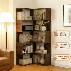 English Elm 6 Tier Corner Bookcase Tall L Shaped Walnut Mdf Open Shelving Unit for Home Office W3204P442028