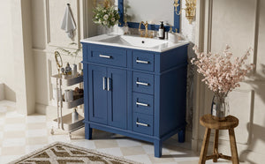 English Elm 30" Freestanding Bathroom Vanity Ceramic Sink Soft Close Cabinet Gray Wood Frame Blue N729P427118C