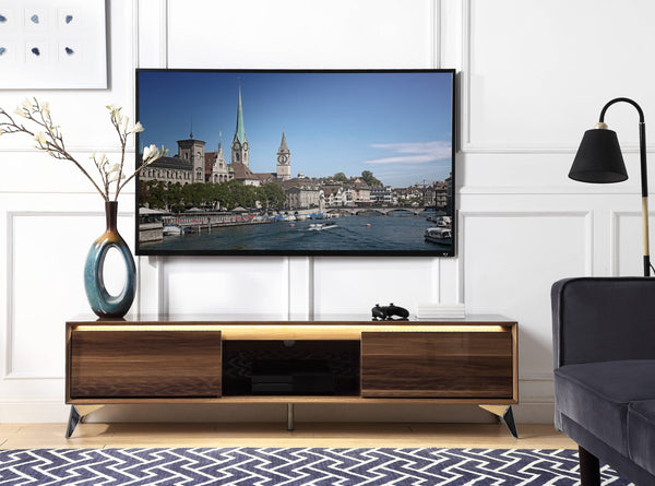 English Elm Raceloma Walnut TV Stand with Chrome Legs & LED Touch Light, Cord Management, Fits 65" TVs B2726P278172