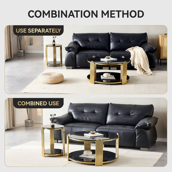 English Elm 35inch Round Coffee Table Dual Tier Tempered Glass Gold Steel Frame Living Room W3357P395503