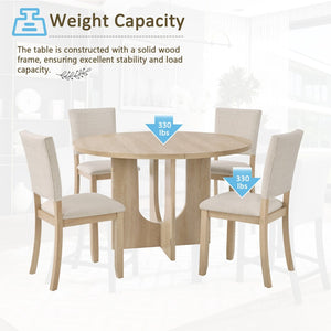 English Elm 47.3" Round Oak Dining Set Seats Four with Linen Upholstered Chairs for Modern Kitchens W1998S00087