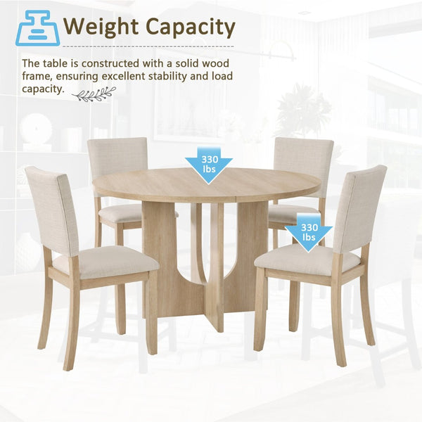 English Elm 47.3" Round Oak Dining Set Seats Four with Linen Upholstered Chairs for Modern Kitchens W1998S00087