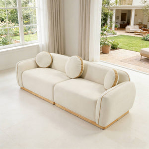 English Elm 90.94'' Three Seat Contemporary Curved Sofa with Round Accent Pillows for Modern Living Beige+White W2085S00093