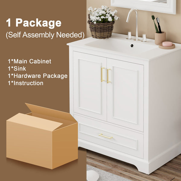 English Elm 30" Modern Bathroom Vanity with Ceramic Sink, Soft-Close Doors, Divided Drawer & Dual Door Shelves White N729P321376K