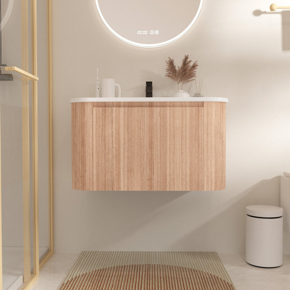 English Elm Arcora 30 Inch Wall Mounted Bathroom Vanity With Curved Sink, Wave Texture, Soft-Close Drawers & More W3235P336177