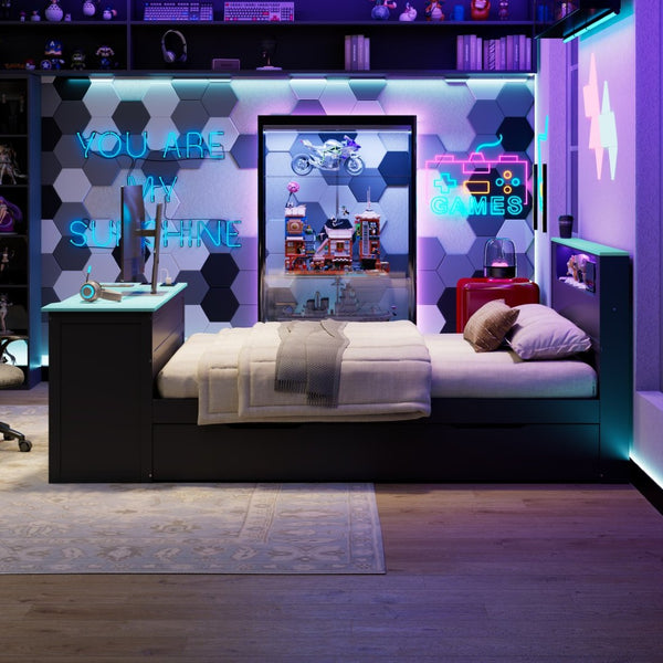 English Elm Full Size Wood Platform Daybed with Trundle Desk Rgb Led Lighting Gaming Bedroom Black+Blue LT000284AAC