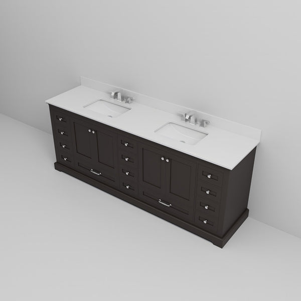 English Elm Espresso Double Bath Vanity 84" W x 22" D with White Quartz Top, 14 Drawers, Soft-Close, Faucet Set B2731P258439