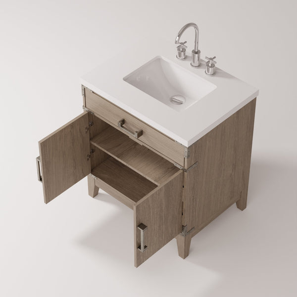 English Elm Grey Grey Oak Single Bath Vanity 30" W x 22" D with White Quartz Top, Soft-Close, Chrome Faucet Set, Storage B2731P259773