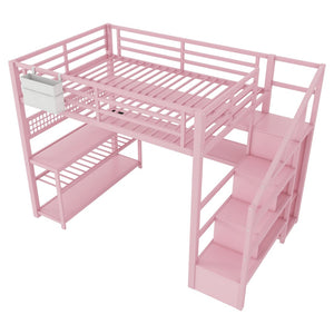 English Elm Full Size Steel Loft Bed with Staircase Storage Wardrobe Desk and Led Lighting Pink W2593S00077