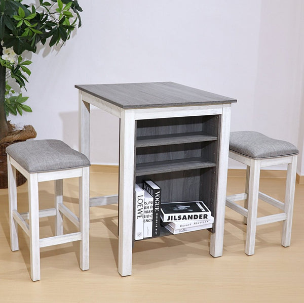 English Elm 3 Piece Counter Height Dining Set with Shelving Cushioned Stools Modern Farmhouse Kitchen Antique Gray,Antique White W2537P369838