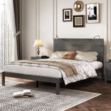 Farmhouse Wooden Platform Queen Size Bed, Modern Platform Bed With Two Bedside Lights, Antique Gray