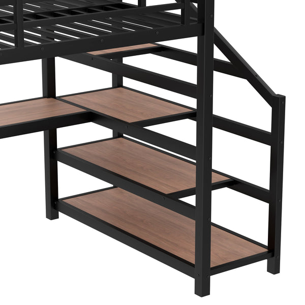 English Elm Full Loft Bed With Integrated Desk, Storage Stairs, Led Lights & Usb Ports For Modern Spaces W1580S00478