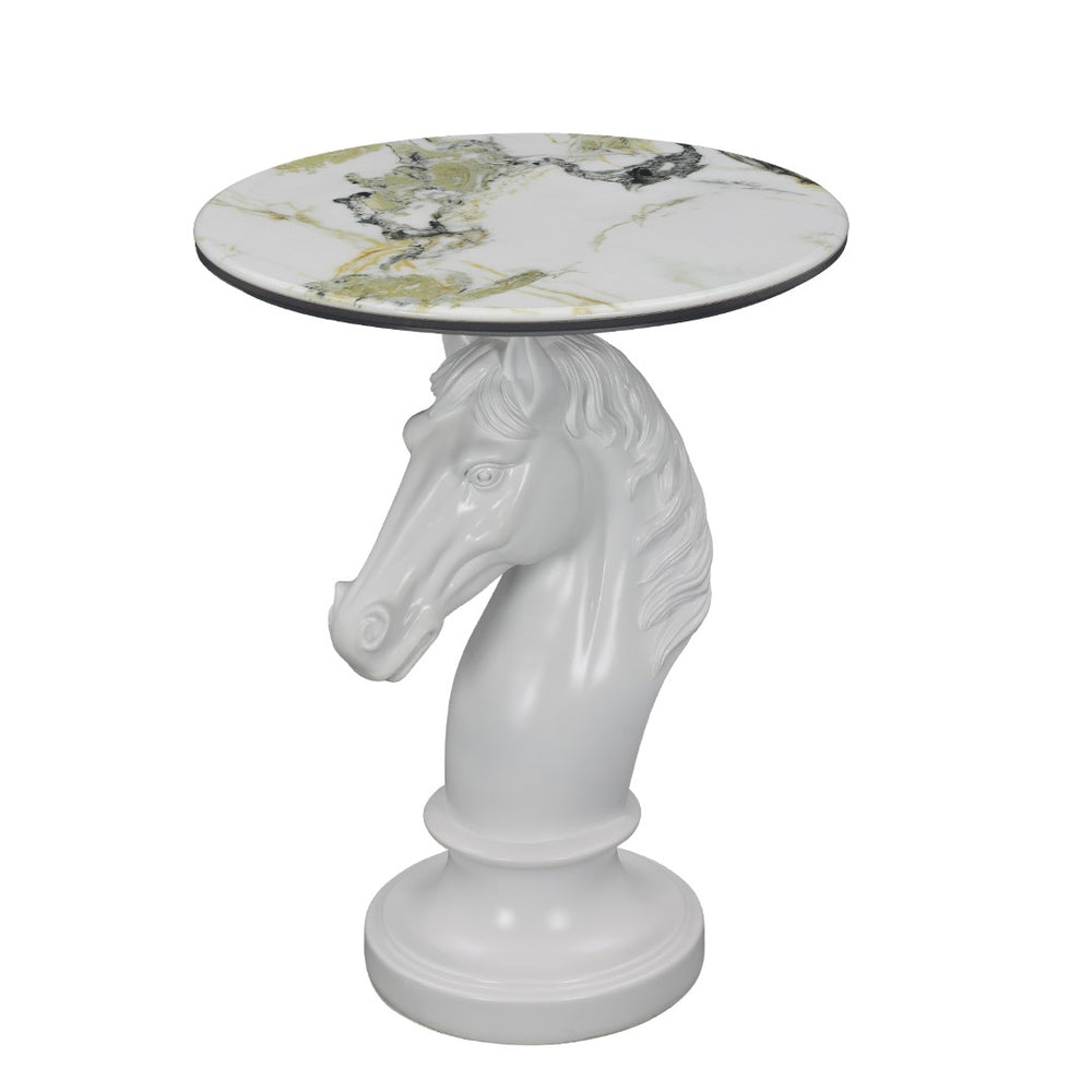 English Elm Horse Head Sculpted Resin End Table with Faux Marble Top for Bold Living Rooms White W5398P454678