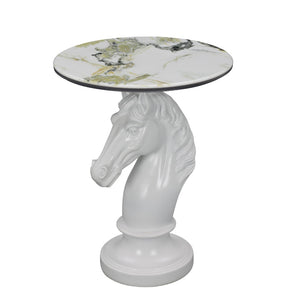 English Elm Horse Head Sculpted Resin End Table with Faux Marble Top for Bold Living Rooms White W5398P454678
