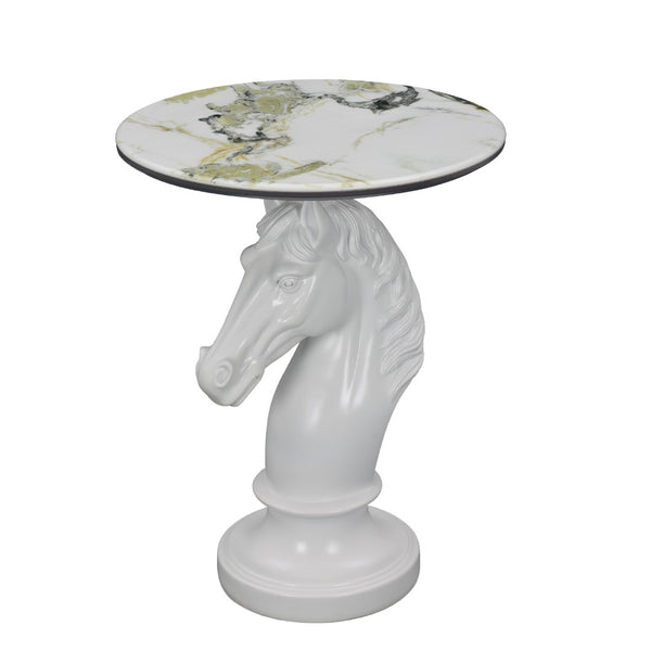 English Elm Horse Head Sculpted Resin End Table with Faux Marble Top for Bold Living Rooms White W5398P454678