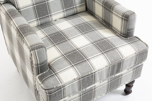 English Elm Upholstered Vintage Armchair Striped Linen Nailhead Trim Turned Legs Living Room W2530P430690