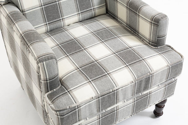 English Elm Upholstered Vintage Armchair Striped Linen Nailhead Trim Turned Legs Living Room W2530P430690