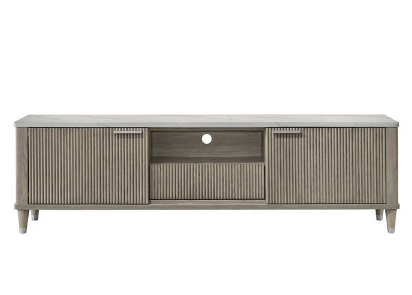 English Elm 1pc Mid-century Media Console Faux Marble Surface Ribbed Cabinet Tapered Legs 79in Driftwood,White B2741P483127