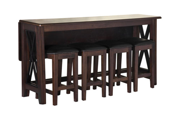 English Elm Dark Solid Wood Drop Leaf Table with 4 Stools — Space-Saving Expandable Dining Set, Durable Finish Dark Brown 75.5 L x 21 W x 16.75 H B2699P206767