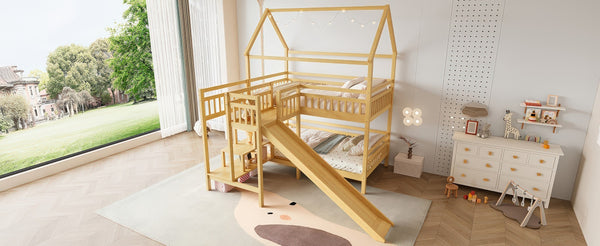 English Elm Full Bunk Bed with Trundle Bookshelf Storage Pine Frame Car Design for Kids Natural W1580S00303