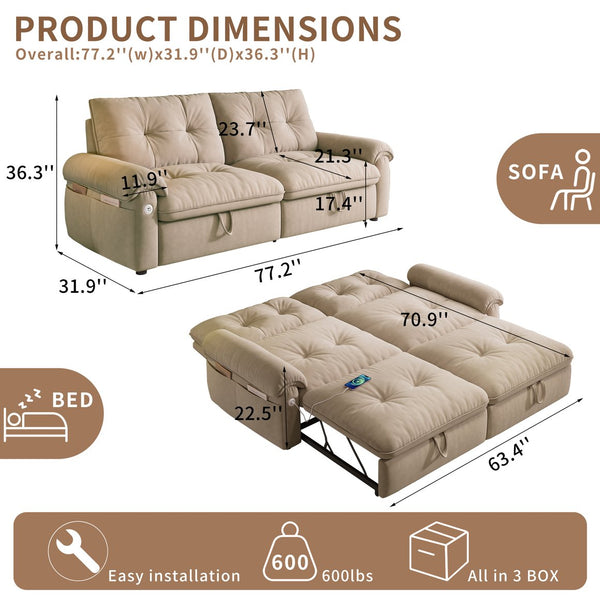 English Elm It 77-inch convertible velvet sofa bed, 2-in-1 loveseat to guest bed with steel frame, high-resilience foam comfort Brown W3820S00015