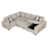 English Elm 109" U-Shaped Sectional Sofa Pull-Out Sofa Bed With Two Usb Ports, A Storage Chaise Lounge and Four Back Pillows For Living Room, Beige