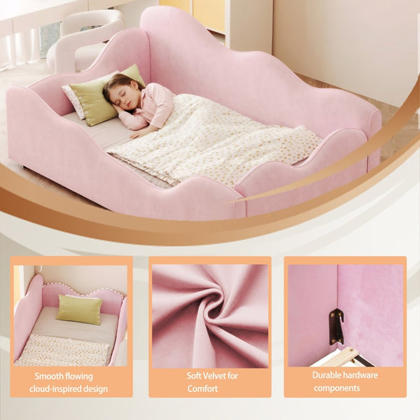 English Elm Upholstered Cloud Toddler Daybed Pink Velvet Safety Rails Kids Bedroom Ages 1 to 6 N899P452424H