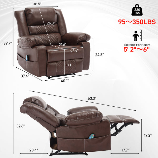English Elm Breathable Leather Massage Recliner with 8-Point Massage, Heated Lumbar, 4-Zone Relief & Pockets Brown W1403P156677
