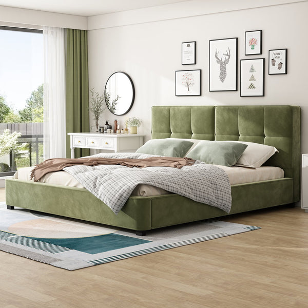 English Elm Christopher Knight Home® - King Size Velvet Bed Frame - Luxurious Olive Green Upholstered Platform Bed With Curved Headboard N757P235227A
