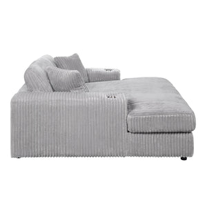 English Elm Hilde Light Gray Corduroy Chaise with 2 Pillows — Pocket Coil Seating, Removable Covers, Cup Holder B2726P345946