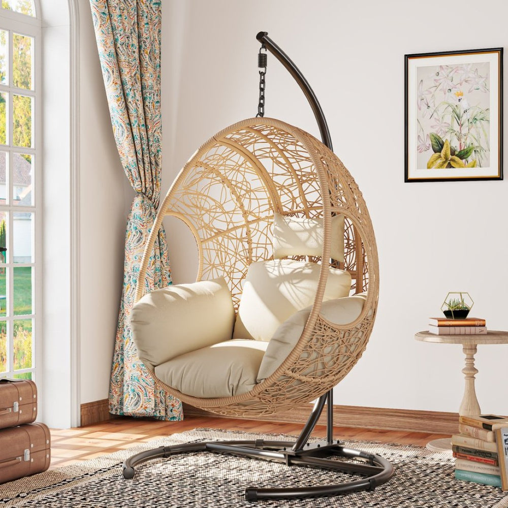 English Elm 42 Inch Wide Hanging Egg Chair Pe Rattan Patio Swing with 400lb Capacity Cushioned Seat W3979S00008
