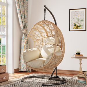 English Elm 42 Inch Wide Hanging Egg Chair Pe Rattan Patio Swing with 400lb Capacity Cushioned Seat W3979S00008