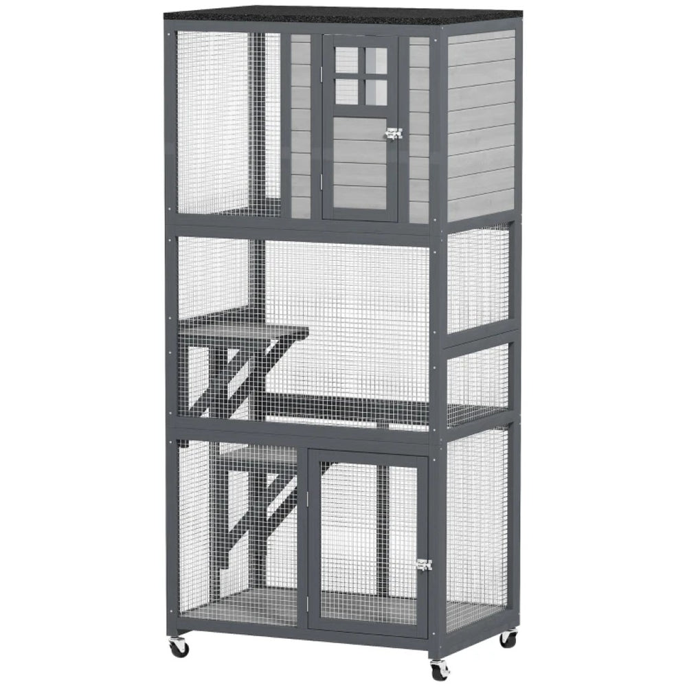 English Elm Wooden Fir Catio with Three Perch Platforms Wheeled Freestanding Indoor Outdoor Cat House T3971P437098