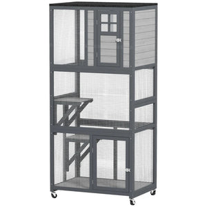 English Elm Wooden Fir Catio with Three Perch Platforms Wheeled Freestanding Indoor Outdoor Cat House T3971P437098